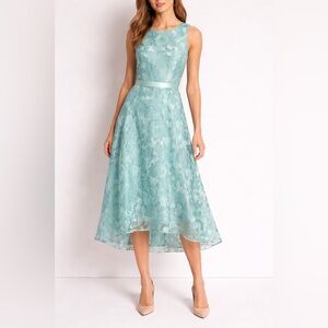 Tahari: Sleeveless Aqua Lace Fit & Flare Dress with Satin Waist